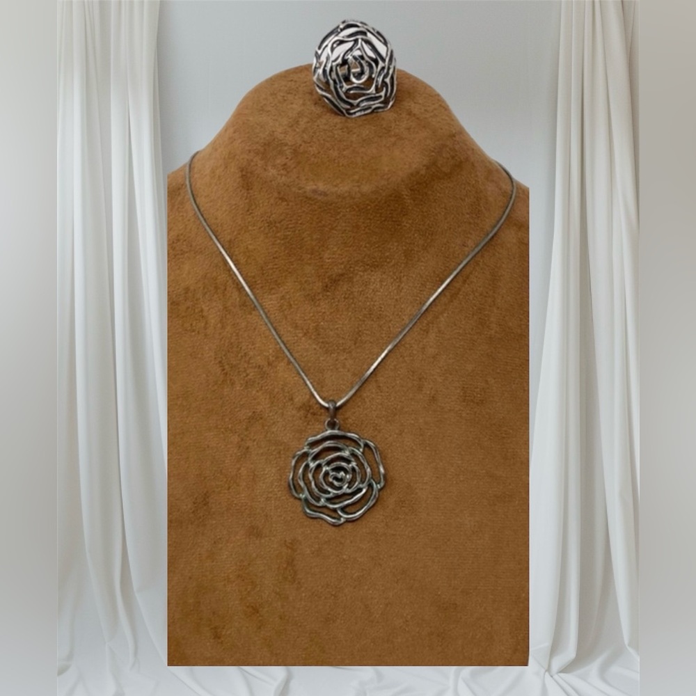 Rose Pendant Necklace & Rose Ring Set
